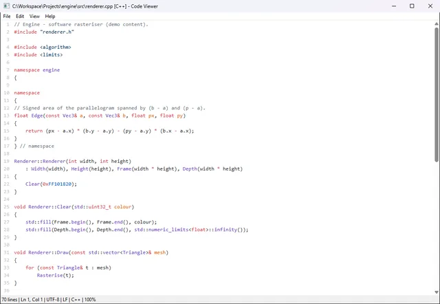 The Code Viewer window showing a C++ file with line numbers and coloured keywords, strings and comments.