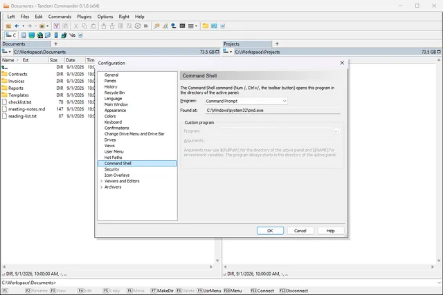 The Configuration dialog open on its Command Shell page, listing the shells that can be opened with the Command Shell key.