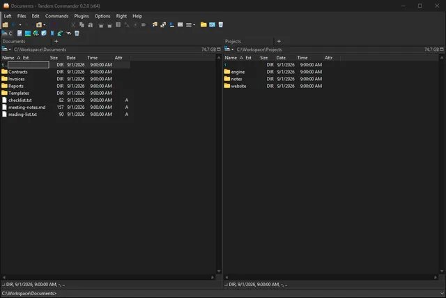 The Tandem Commander main window in its dark theme, showing the same two panels with light text on a dark background.