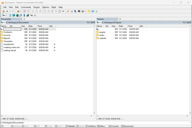 The Tandem Commander main window in its light theme: two file panels side by side, each with a strip of directory tabs above it, function keys along the bottom.