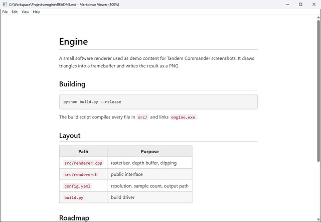 The Markdown viewer window showing a rendered README: headings, a table of file paths and a fenced code block.