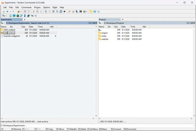 The main window with the left panel filtered by quick search: only the items whose names contain "chat" are listed, the panel is lightly tinted and its directory line shows the search text and the number of matches.