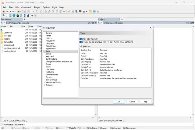 The Configuration dialog open on its Tabs page, with tabs shown in panels, browser-like tab shortcuts switched on and the list of tab shortcuts that follows them.