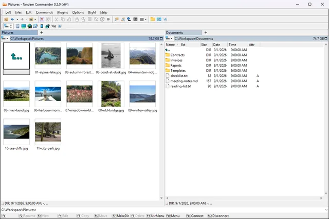A panel in thumbnails view showing a folder of landscape photographs as a grid of previews, two of them in portrait orientation.