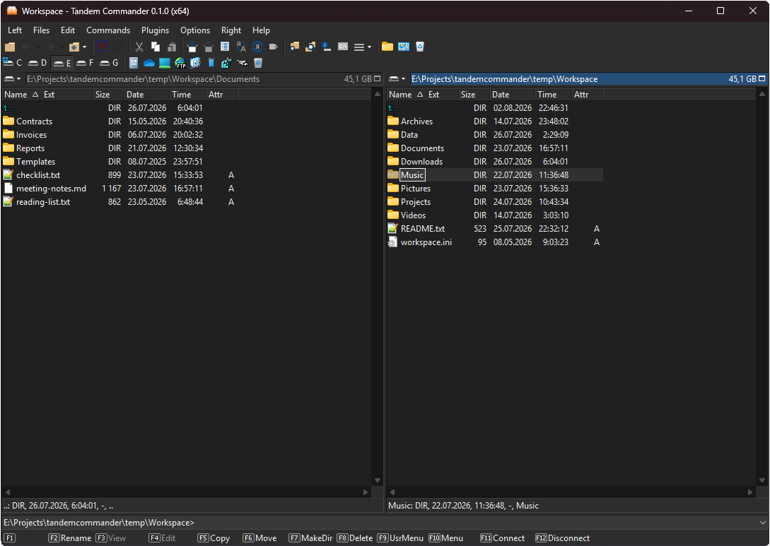 Tandem Commander in its dark theme, the same two panels